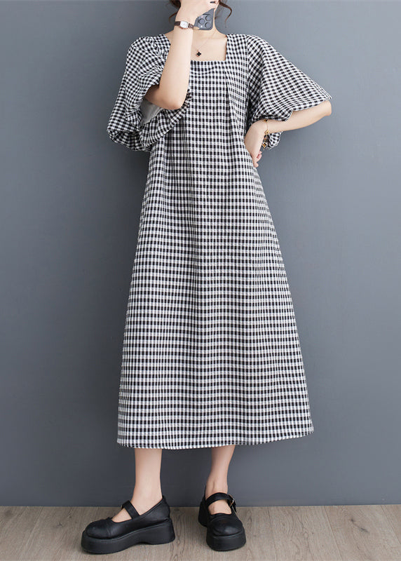 Chic Black Square Collar Plaid Linen A Line Dress Puff Sleeve LY4940 - fabuloryshop