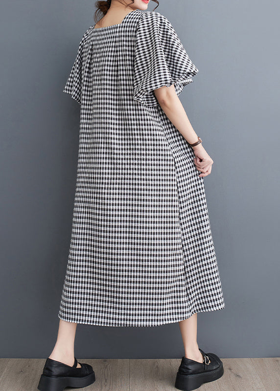 Chic Black Square Collar Plaid Linen A Line Dress Puff Sleeve LY4940 - fabuloryshop