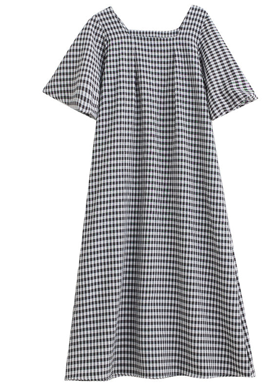 Chic Black Square Collar Plaid Linen A Line Dress Puff Sleeve LY4940 - fabuloryshop