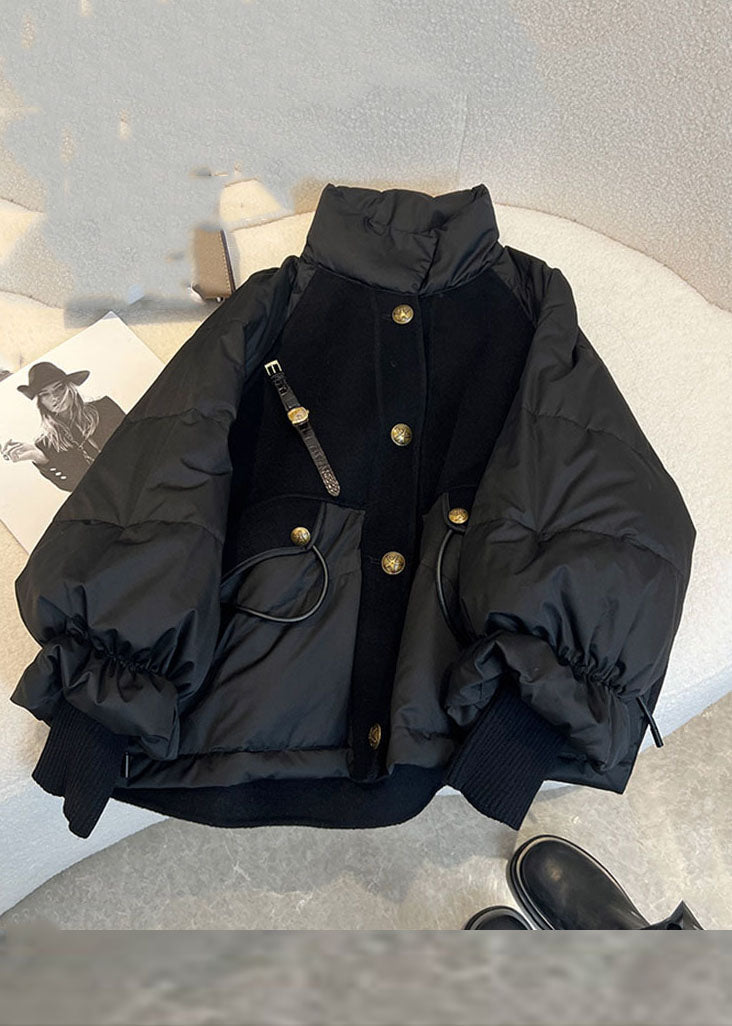 Chic Black Stand Collar Drawstring Zippered Fine Cotton Filled Puffer Jacket Winter Ada Fashion