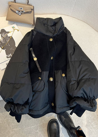 Chic Black Stand Collar Drawstring Zippered Fine Cotton Filled Puffer Jacket Winter Ada Fashion