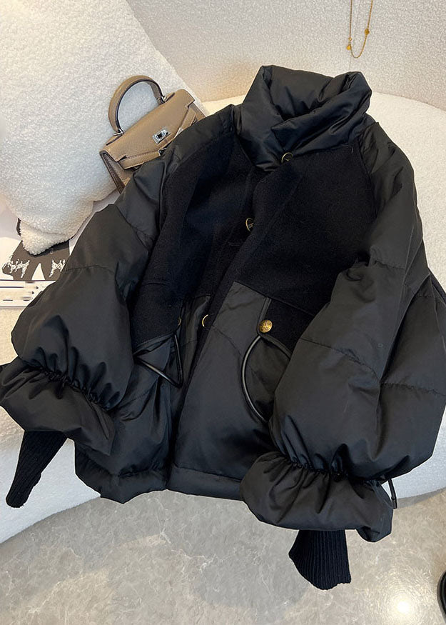 Chic Black Stand Collar Drawstring Zippered Fine Cotton Filled Puffer Jacket Winter Ada Fashion