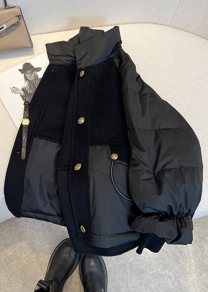 Chic Black Stand Collar Drawstring Zippered Fine Cotton Filled Puffer Jacket Winter Ada Fashion