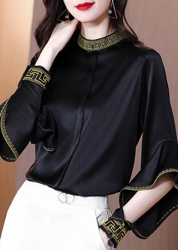 Chic Black Stand Collar Embroideried Ruffles Silk Shirt Spring LY0501 - fabuloryshop