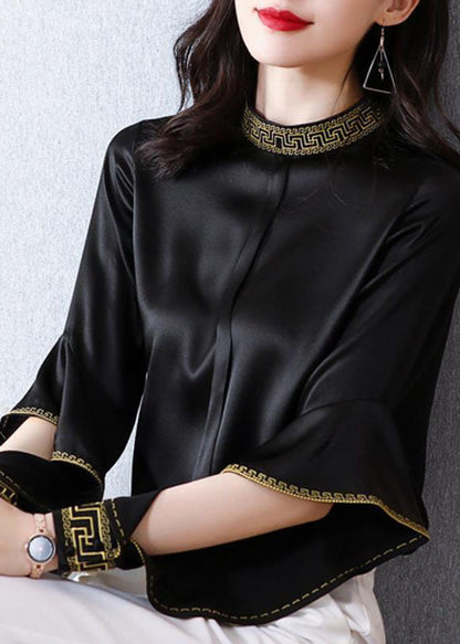 Chic Black Stand Collar Embroideried Ruffles Silk Shirt Spring LY0501 - fabuloryshop