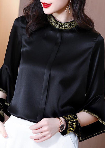 Chic Black Stand Collar Embroideried Ruffles Silk Shirt Spring LY0501 - fabuloryshop