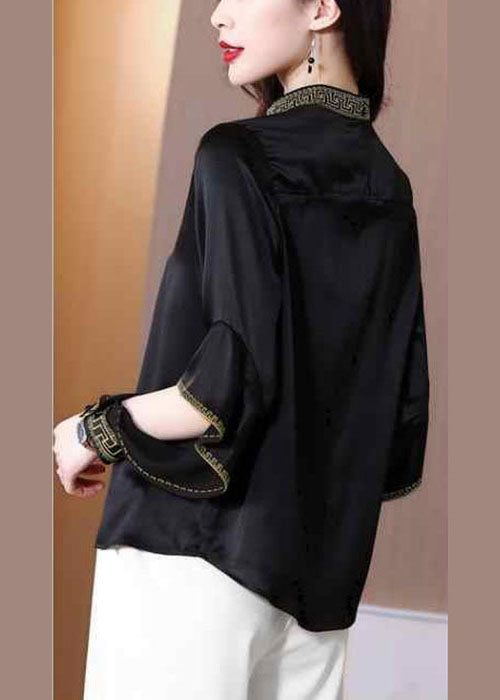 Chic Black Stand Collar Embroideried Ruffles Silk Shirt Spring LY0501 - fabuloryshop