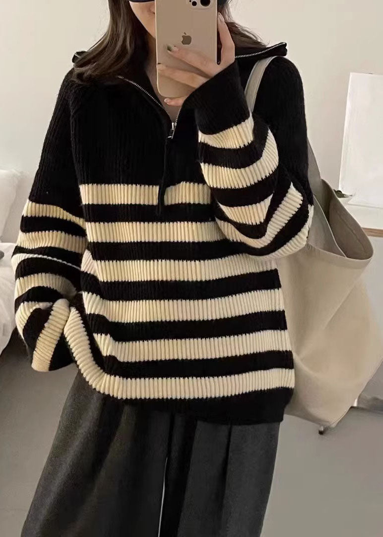 Chic Black Stand Collar Striped Patchwork Thick Knit Pullover Long Sleeve Ada Fashion