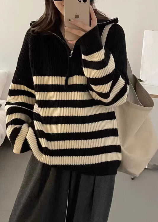 Chic Black Stand Collar Striped Patchwork Thick Knit Pullover Long Sleeve Ada Fashion