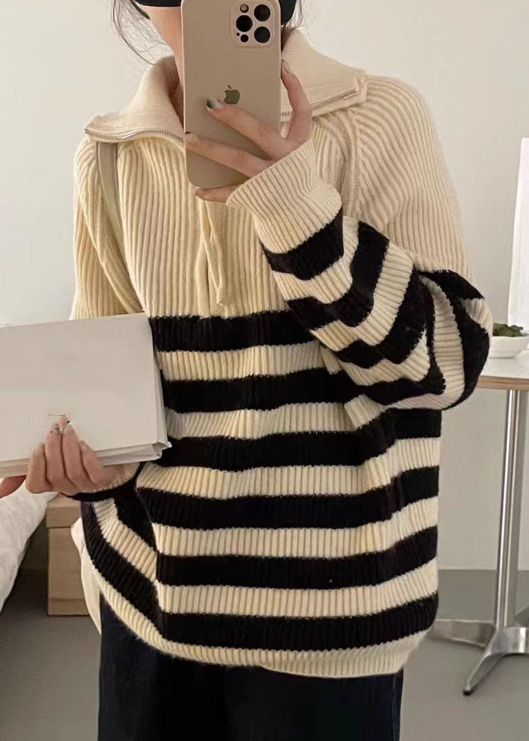 Chic Black Stand Collar Striped Patchwork Thick Knit Pullover Long Sleeve Ada Fashion