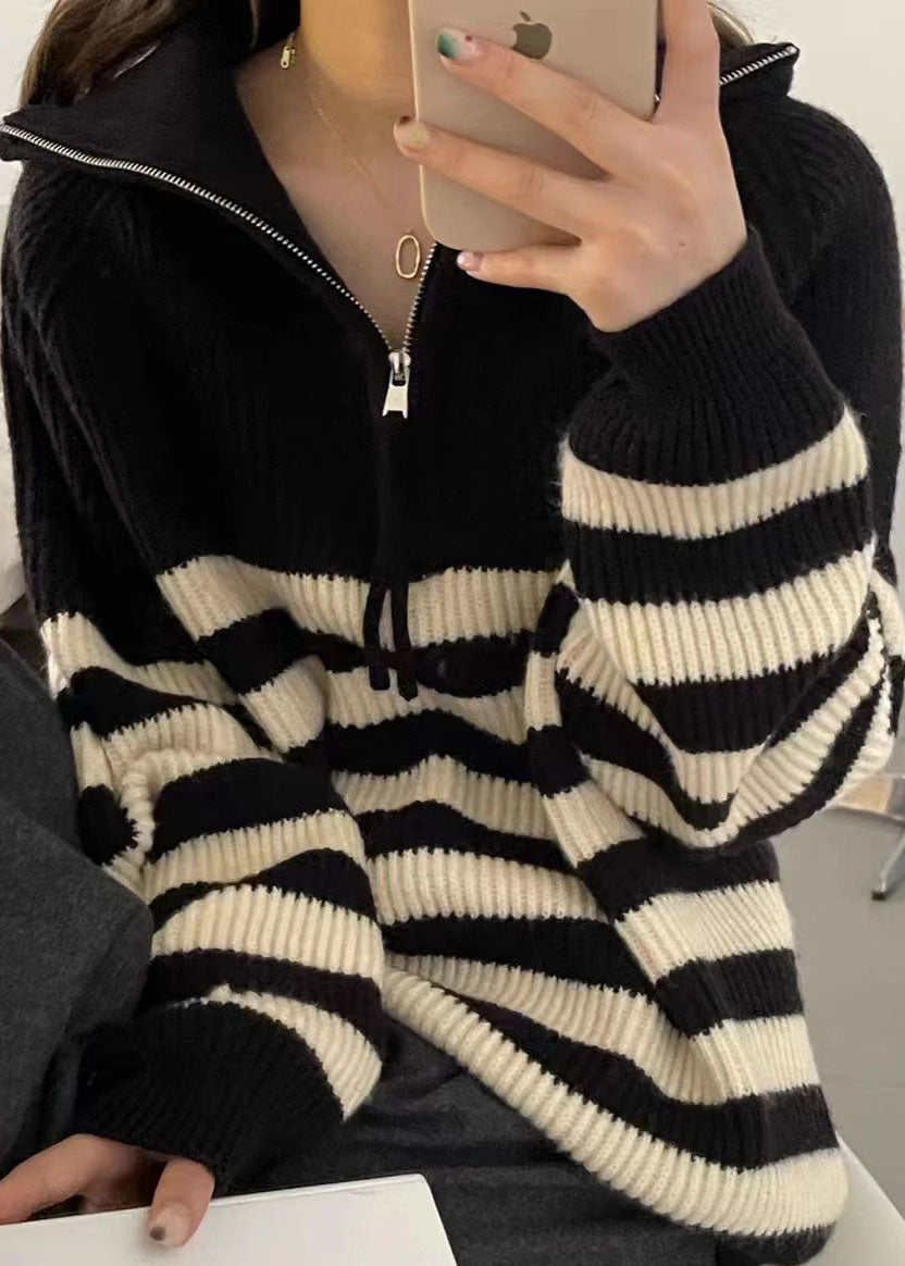 Chic Black Stand Collar Striped Patchwork Thick Knit Pullover Long Sleeve Ada Fashion