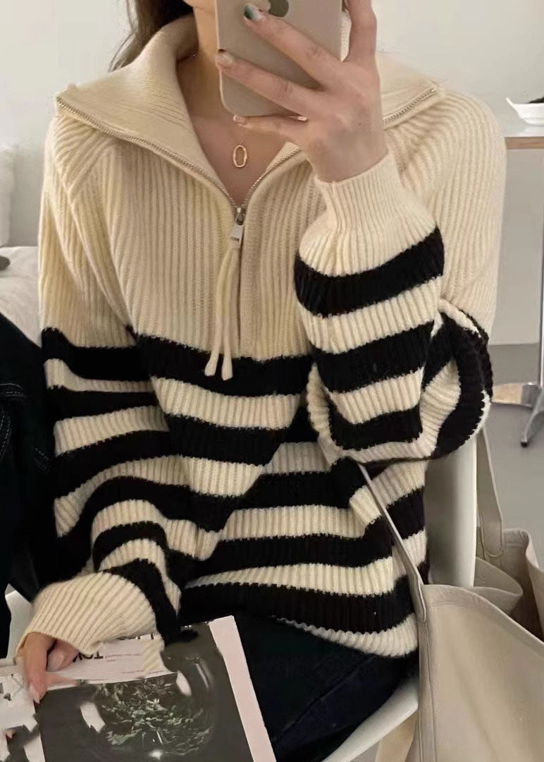 Chic Black Stand Collar Striped Patchwork Thick Knit Pullover Long Sleeve Ada Fashion