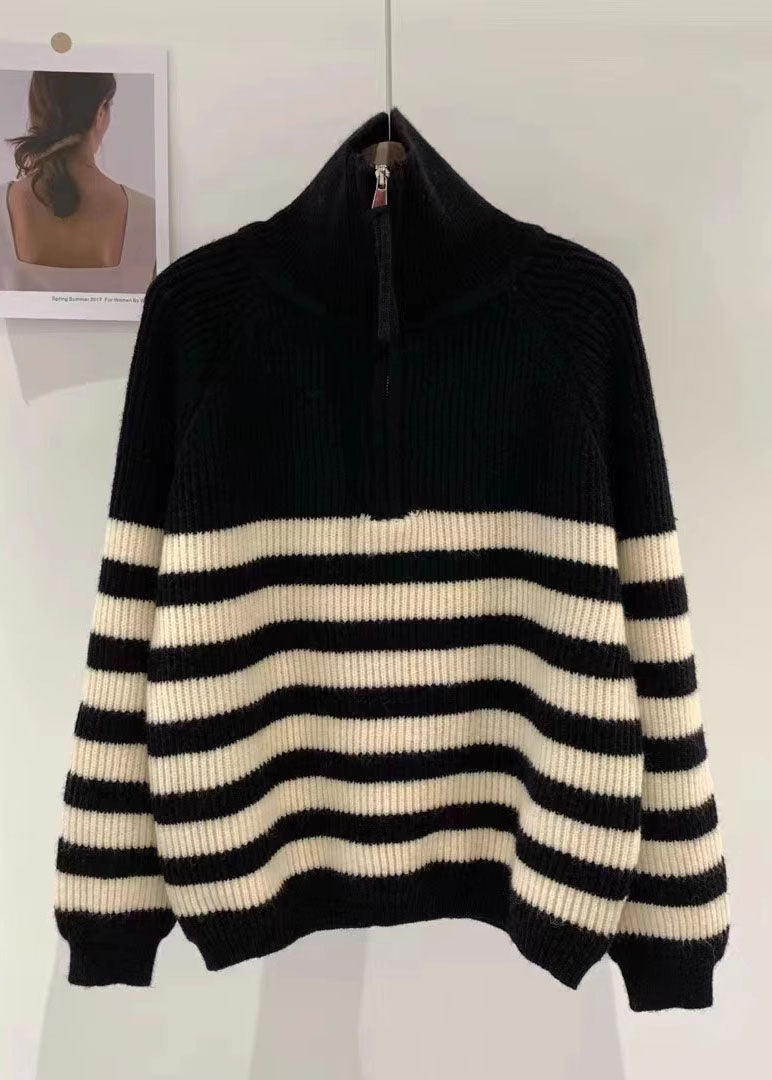 Chic Black Stand Collar Striped Patchwork Thick Knit Pullover Long Sleeve Ada Fashion