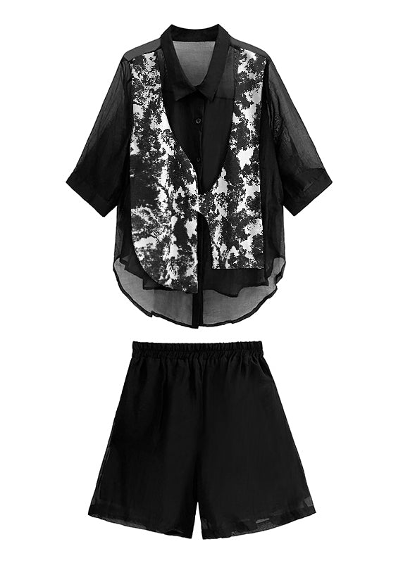 Chic Black Tie Dye Patchwork Shirts And Shorts Cotton Two Piece Set Summer Ada Fashion