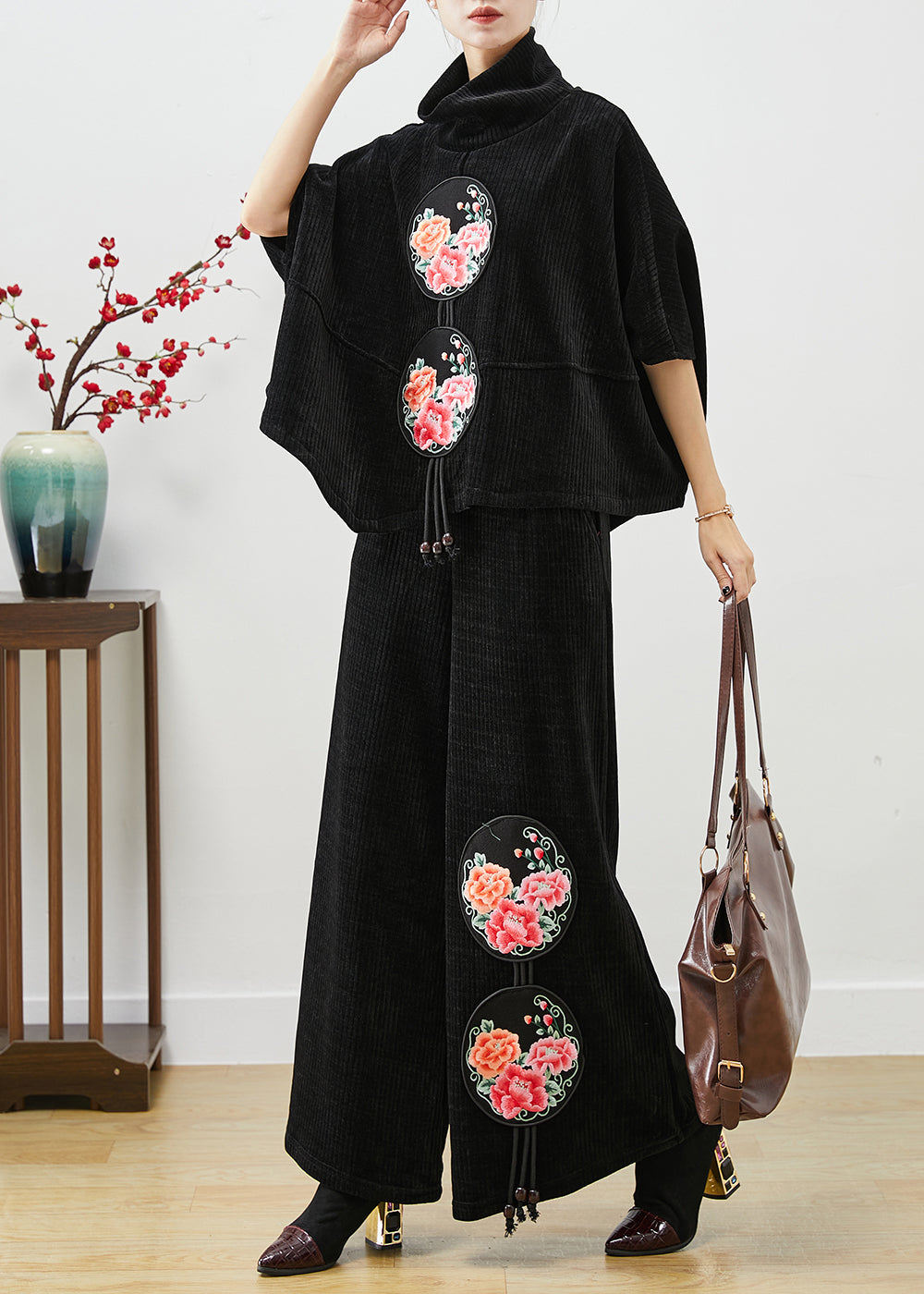 Chic Black Turtle Neck Embroideried Tasseled Corduroy Two Pieces Set Fall Ada Fashion