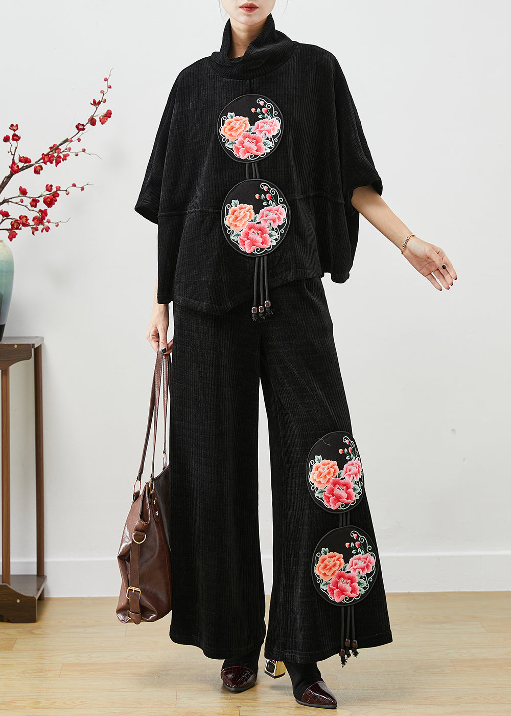 Chic Black Turtle Neck Embroideried Tasseled Corduroy Two Pieces Set Fall Ada Fashion