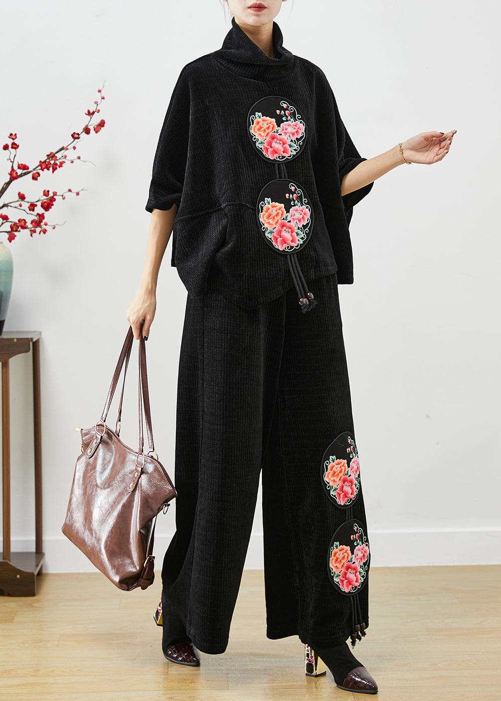 Chic Black Turtle Neck Embroideried Tasseled Corduroy Two Pieces Set Fall Ada Fashion