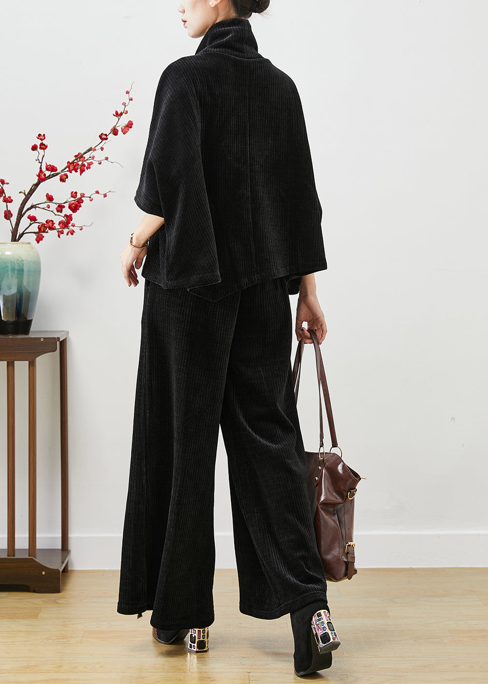 Chic Black Turtle Neck Embroideried Tasseled Corduroy Two Pieces Set Fall Ada Fashion