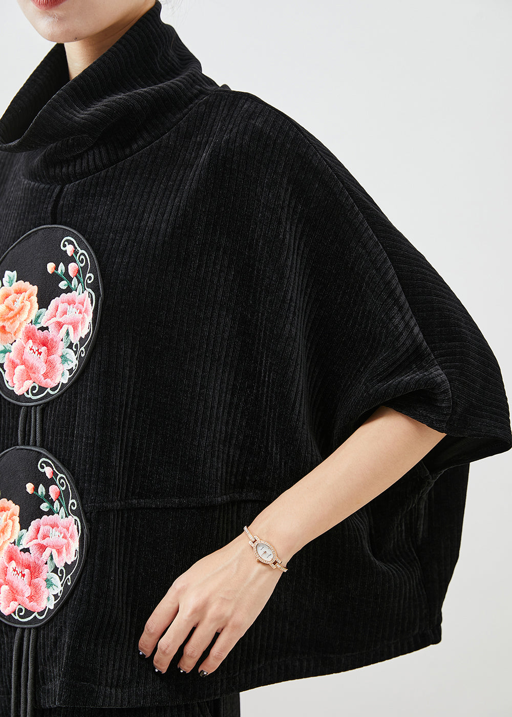 Chic Black Turtle Neck Embroideried Tasseled Corduroy Two Pieces Set Fall Ada Fashion