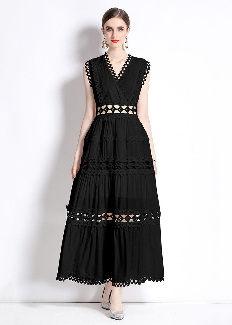 Chic Black V Neck Hollow Out Patchwork Wrinkled Cotton Long Dresses Sleeveless LY7444 - fabuloryshop