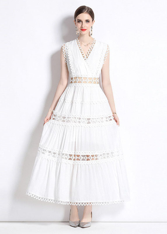 Chic Black V Neck Hollow Out Patchwork Wrinkled Cotton Long Dresses Sleeveless LY7444 - fabuloryshop