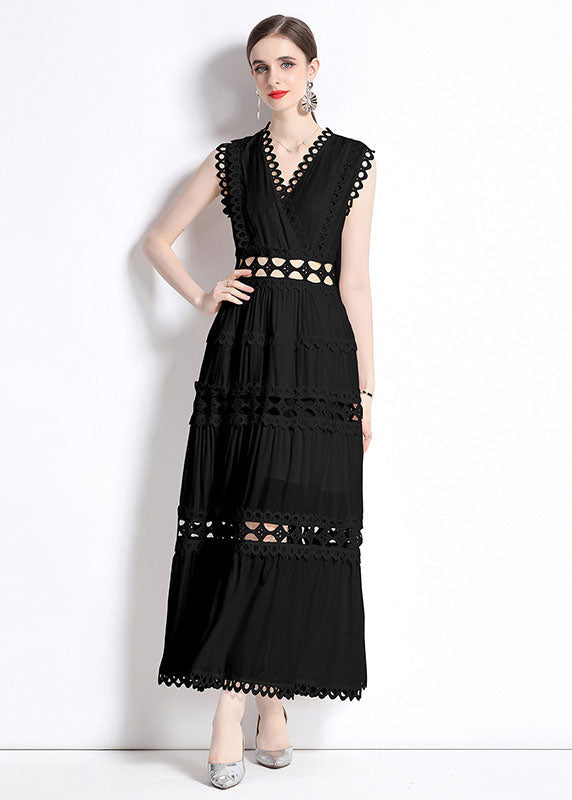Chic Black V Neck Hollow Out Patchwork Wrinkled Cotton Long Dresses Sleeveless LY7444 - fabuloryshop