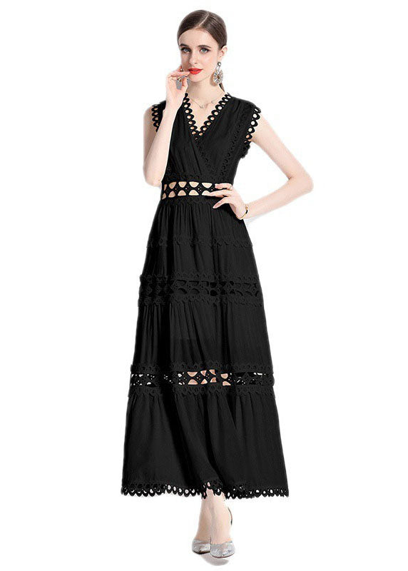 Chic Black V Neck Hollow Out Patchwork Wrinkled Cotton Long Dresses Sleeveless LY7444 - fabuloryshop