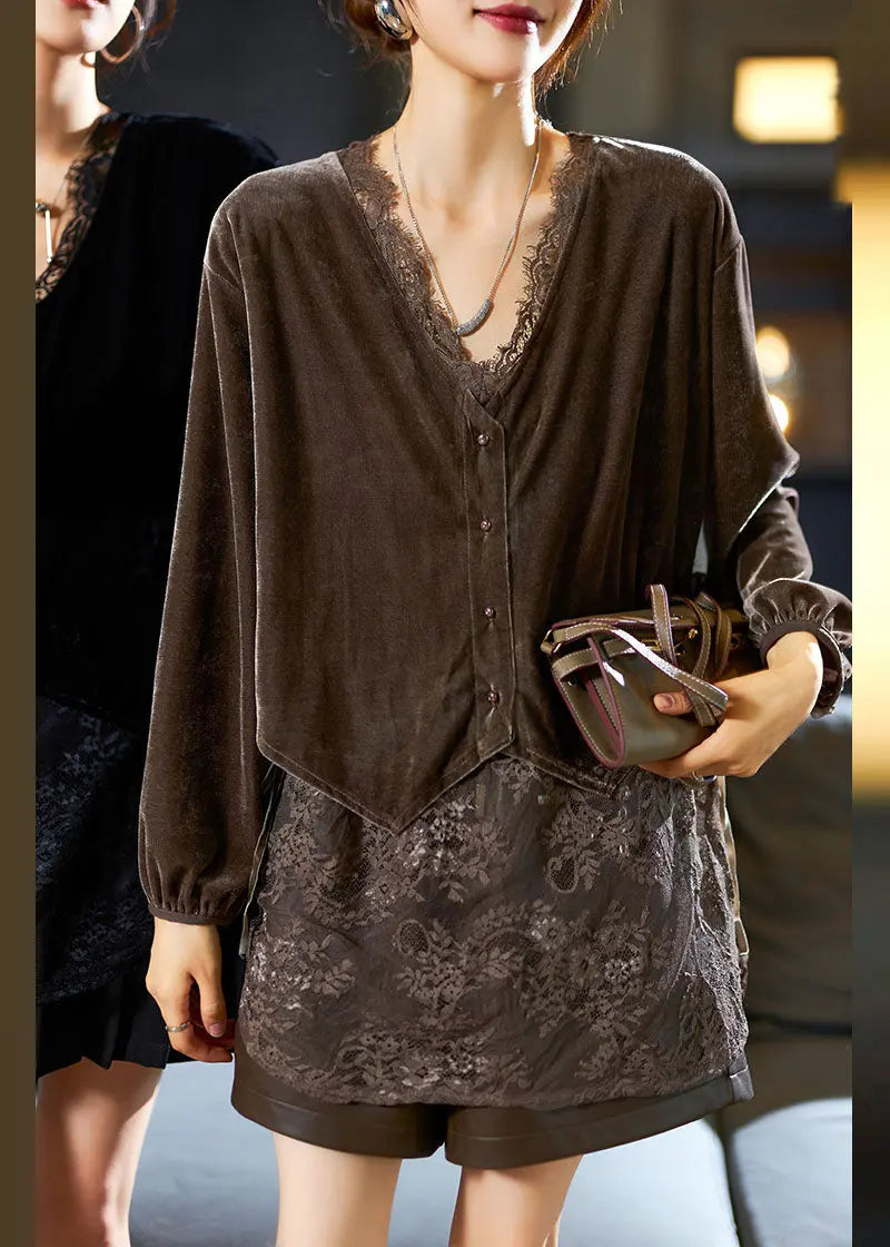 Chic Black V Neck Lace Patchwork Silk Velour Top Long Sleeve Ada Fashion