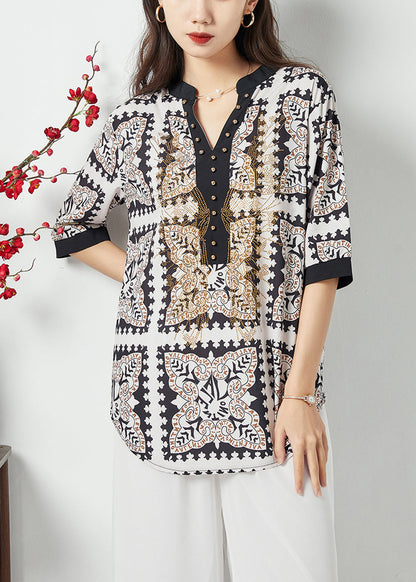 Chic Black V Neck Print Draping Chiffon Blouses Summer LY1130 - fabuloryshop