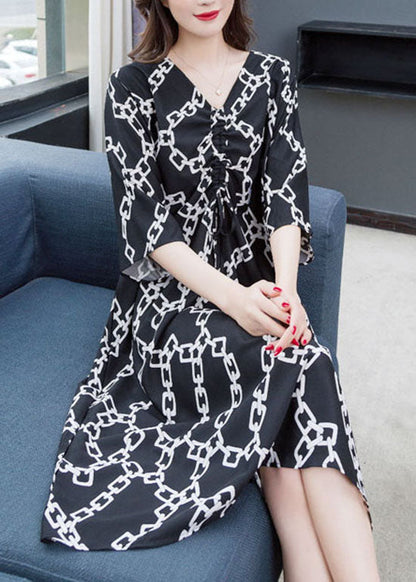 Chic Black V Neck Print Wrinkled Patchwork Chiffon Dress Summer Ada Fashion