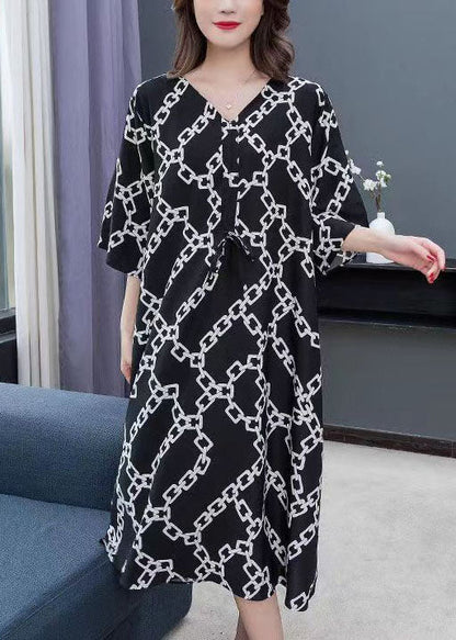 Chic Black V Neck Print Wrinkled Patchwork Chiffon Dress Summer Ada Fashion