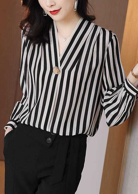 Chic Black V Neck Striped Patchwork Silk Shirt Tops Spring LY0371