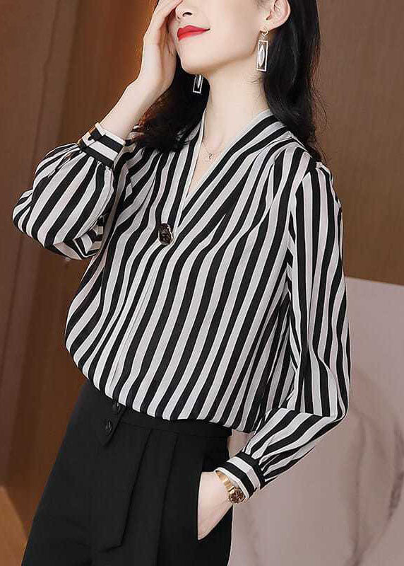 Chic Black V Neck Striped Patchwork Silk Shirt Tops Spring LY0371 - fabuloryshop