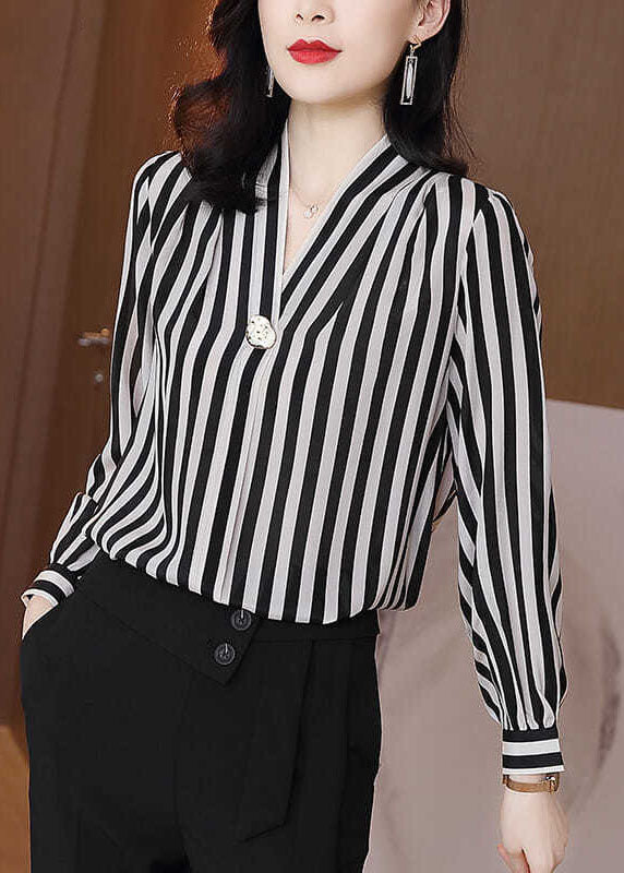 Chic Black V Neck Striped Patchwork Silk Shirt Tops Spring LY0371 - fabuloryshop