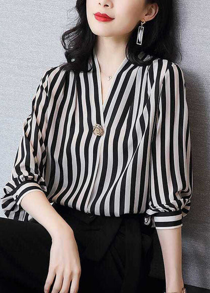 Chic Black V Neck Striped Patchwork Silk Shirt Tops Spring LY0371 - fabuloryshop