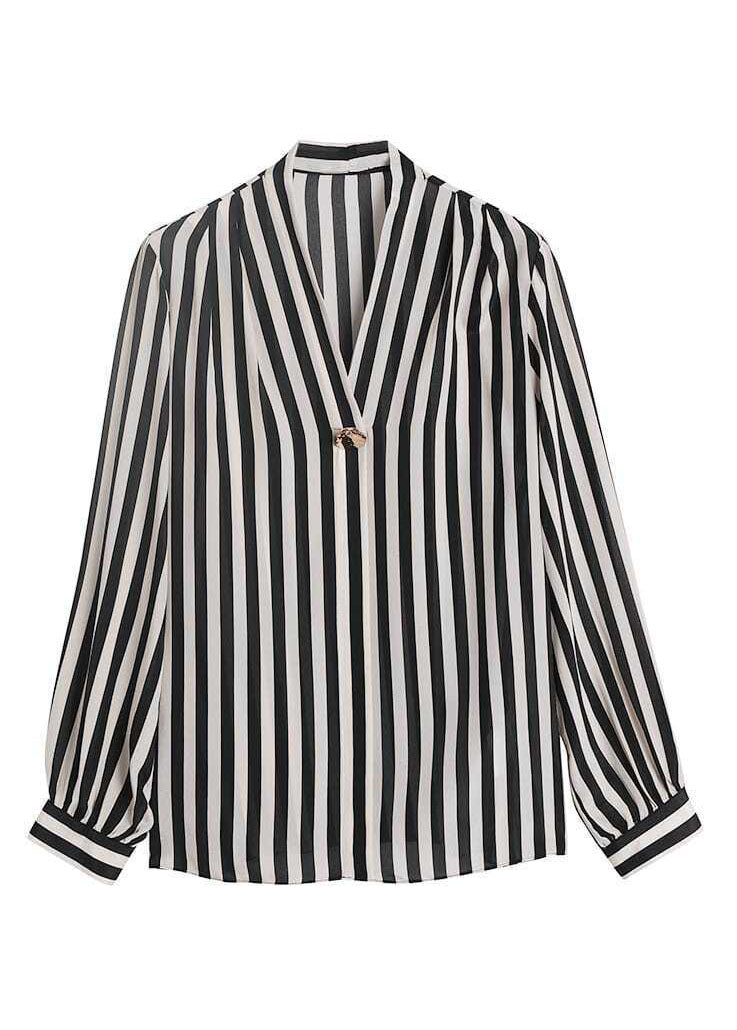 Chic Black V Neck Striped Patchwork Silk Shirt Tops Spring LY0371