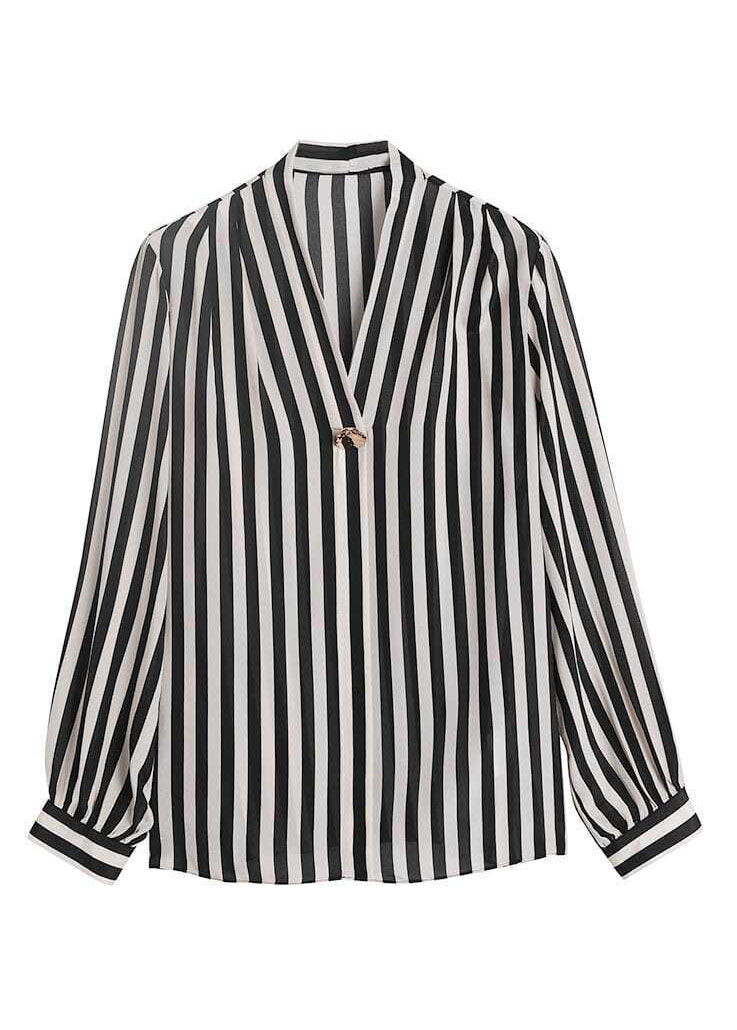 Chic Black V Neck Striped Patchwork Silk Shirt Tops Spring LY0371 - fabuloryshop