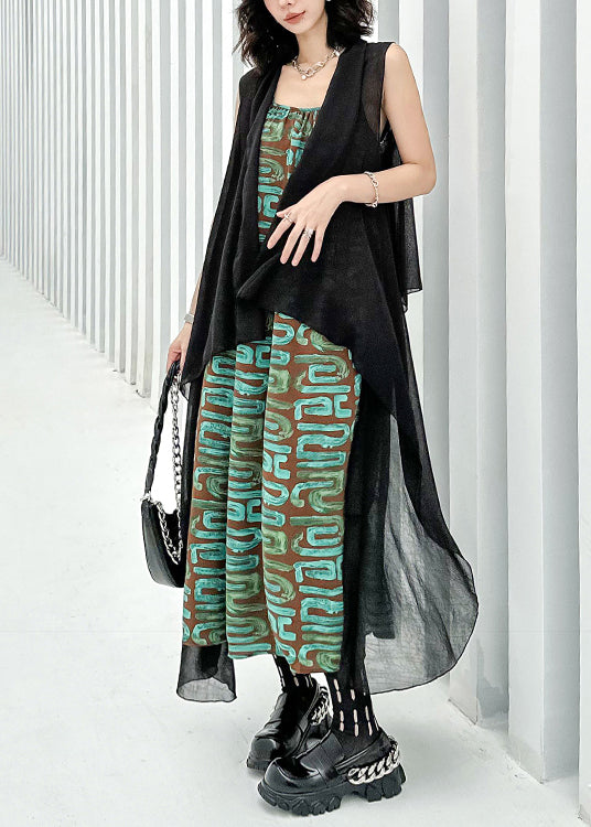 Chic Black Waistcoat And Spaghetti Strap Dress Patchwork Chiffon Two Pieces Set Sleeveless Ada Fashion