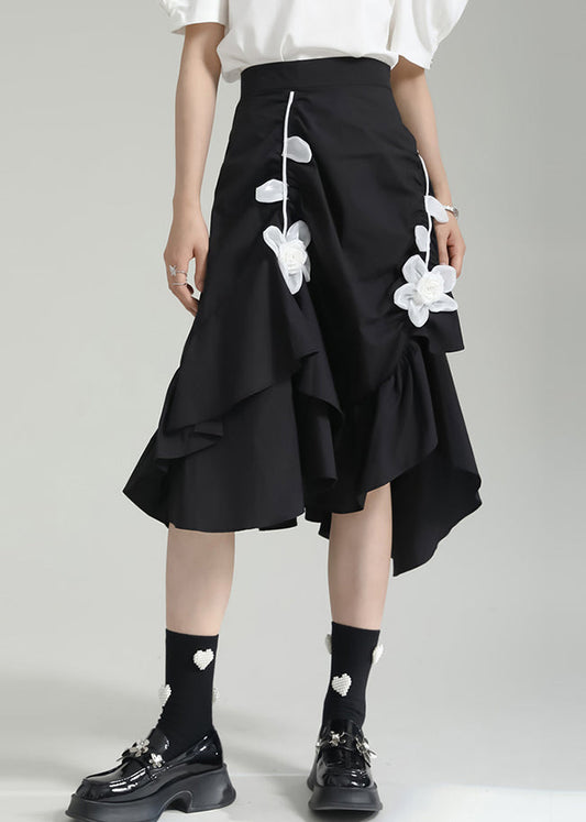 Chic Black Wrinkled Asymmetrical Floral Patchwork Cotton Skirt Fall Ada Fashion