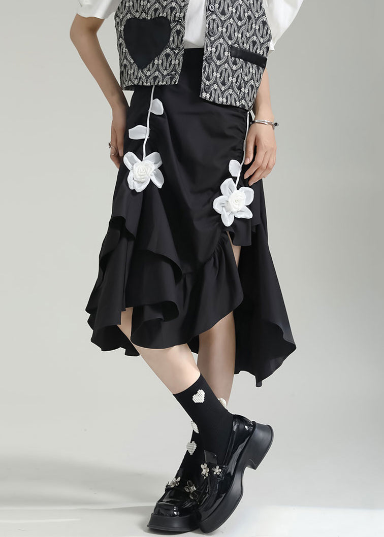 Chic Black Wrinkled Asymmetrical Floral Patchwork Cotton Skirt Fall Ada Fashion