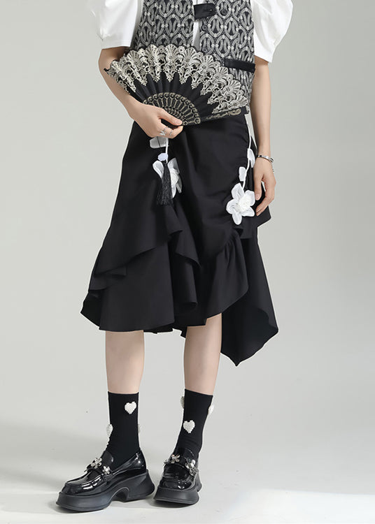 Chic Black Wrinkled Asymmetrical Floral Patchwork Cotton Skirt Fall Ada Fashion