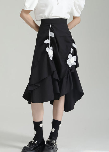 Chic Black Wrinkled Asymmetrical Floral Patchwork Cotton Skirt Fall Ada Fashion