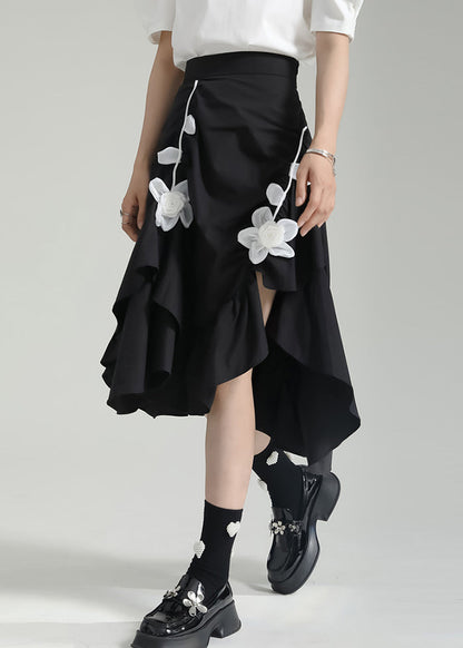 Chic Black Wrinkled Asymmetrical Floral Patchwork Cotton Skirt Fall Ada Fashion