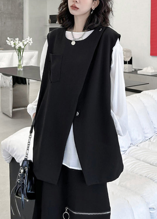 Chic Black Zip Up Front Open Patchwork Cotton Waistcoat Sleeveless Ada Fashion