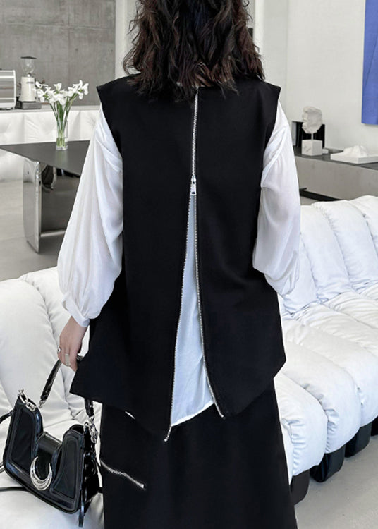 Chic Black Zip Up Front Open Patchwork Cotton Waistcoat Sleeveless Ada Fashion