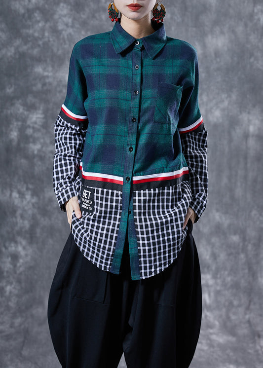 Chic Blackish Green Peter Pan Collar Patchwork Plaid Cotton Shirts Spring LY4102 - fabuloryshop