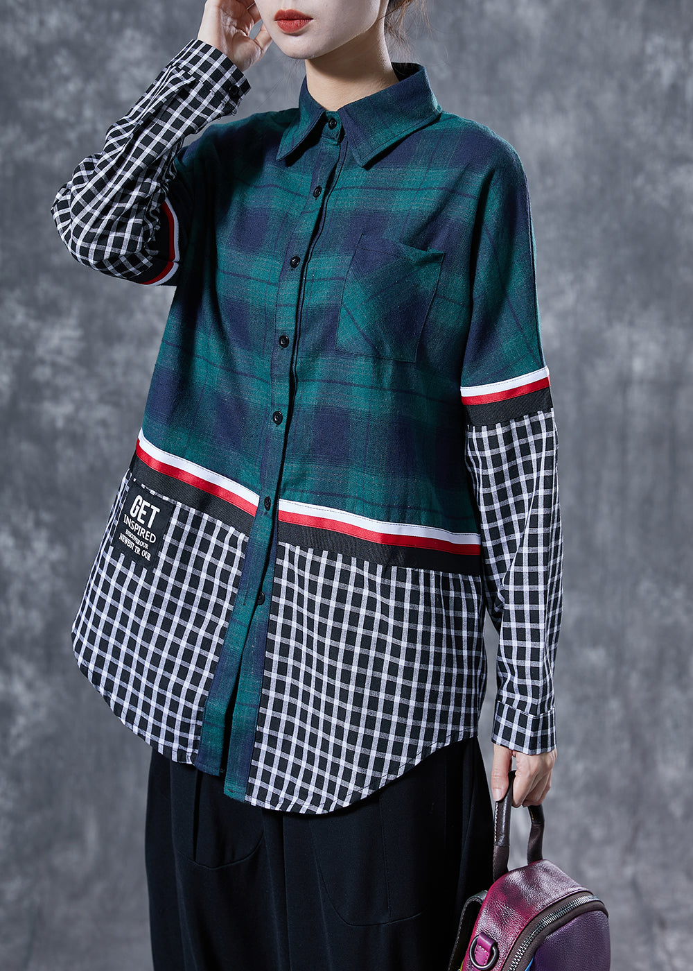 Chic Blackish Green Peter Pan Collar Patchwork Plaid Cotton Shirts Spring LY4102 - fabuloryshop