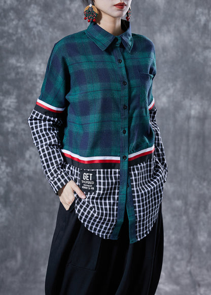 Chic Blackish Green Peter Pan Collar Patchwork Plaid Cotton Shirts Spring LY4102 - fabuloryshop