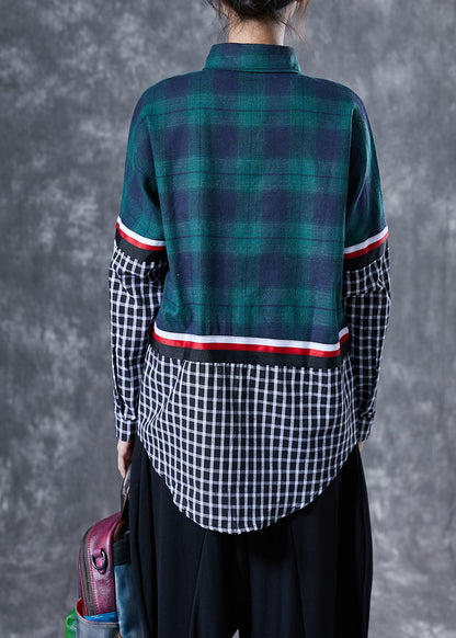 Chic Blackish Green Peter Pan Collar Patchwork Plaid Cotton Shirts Spring LY4102 - fabuloryshop