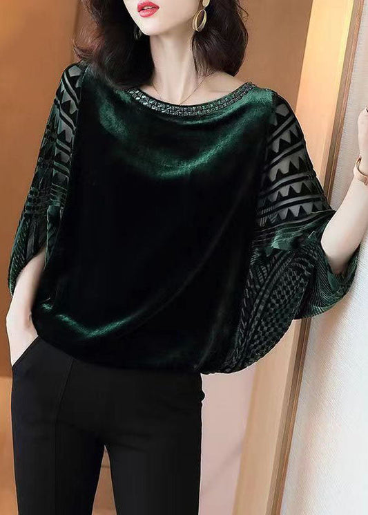 Chic Blackish Green Zircon Patchwork Silk Velour Top Batwing Sleeve TF1056 - fabuloryshop